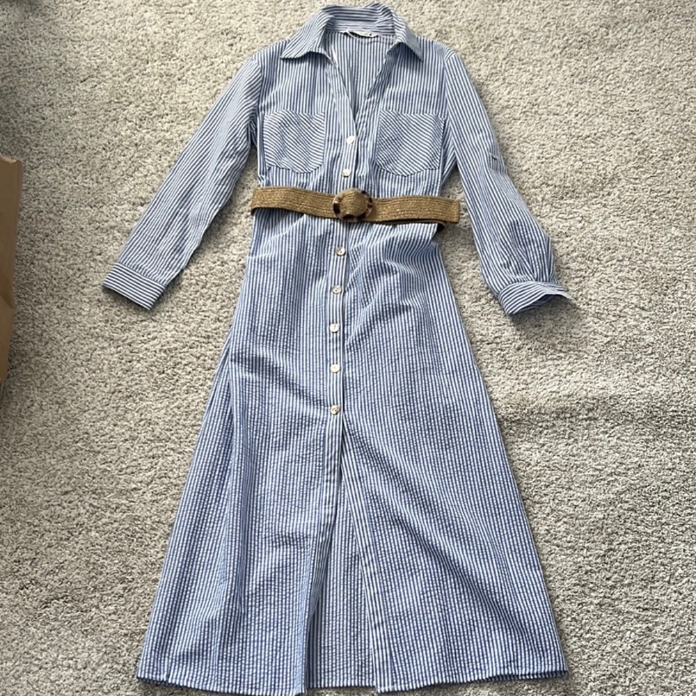 Striped Blue Shirt Dress with Belt
